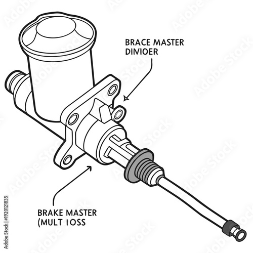 Line drawing of a brake master cylinder, with labels indicating fluid reservoir and hydraulic components for vehicle braking systems