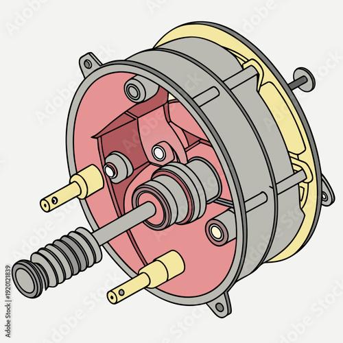 Cutaway illustration of a brake booster mechanism, showing internal parts like diaphragm, springs, and pistons for automotive braking systems