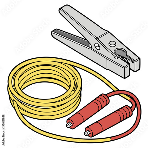 Jumping rope with red handles and yellow rope, alongside a large metal alligator clip, isolated on white background, symbolizing fitness or connection