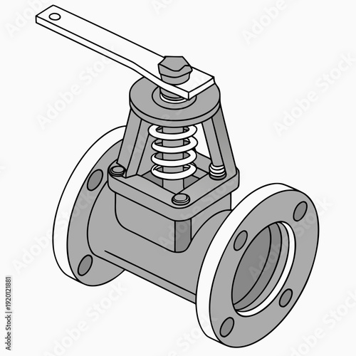Industrial pipe valve with flanges and handle, isometric illustration of a gate valve for fluid control systems in gray tones