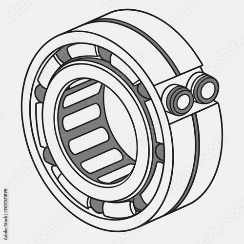 Roller bearing with inner and outer rings and cylindrical rollers, detailed isometric illustration