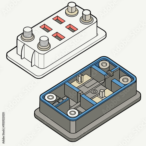 Cutaway illustration of a sealed electrical enclosure with internal components and secure mounting, representing technology and safety.