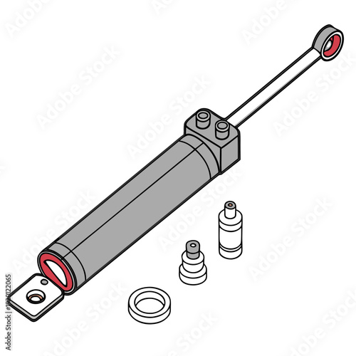 Set of isometric illustrations of a hydraulic cylinder and its components, including seals and fittings, for mechanical engineering applications.