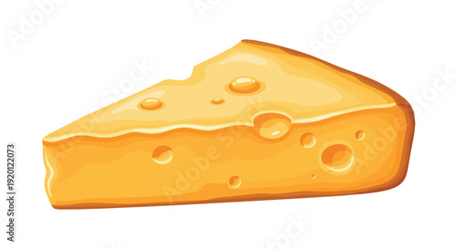 A brightly illustrated yellow cheese wedge, complete with characteristic holes, set against a crisp white backdrop, perfect for diverse food and