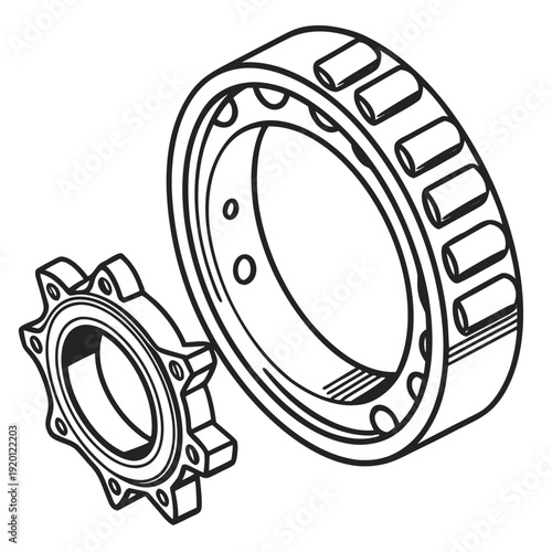 Illustration of a roller bearing and a star-shaped hub or flange, technical drawing of mechanical engineering parts, isolated on white background.