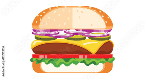A vibrant flat illustration of a gourmet beef burger stacked with fresh crisp vegetables and cheese offering a delicious graphic representation of
