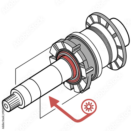 Isometric exploded view of bicycle rear hub mechanism with emphasis on the freehub body and pawls, industrial design illustration.