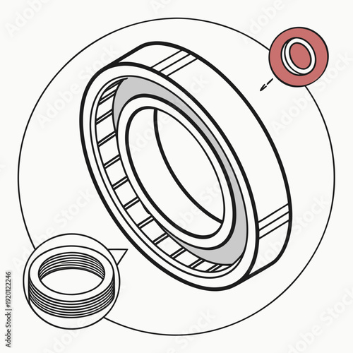 Detailed isometric illustration of a ball bearing, showing inner and outer races, balls, and cage, technical diagram style.