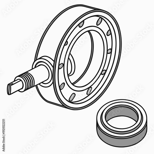 Isometric illustration of a mechanical clutch assembly, showing input shaft, clutch plates, and output housing, technical drawing.