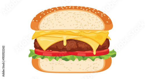 A mouthwatering stylized cheeseburger with melted cheese, crisp lettuce, and juicy tomato slices. Ideal for food advertisements and menu designs.