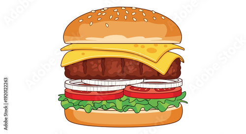 Vibrant cartoon cheeseburger with sesame bun, patty, cheese, lettuce, tomatoes, and onions