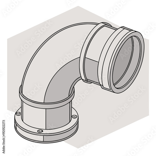 Clean isometric illustration of a gray 90-degree pipe elbow fitting with flanges, representing industrial plumbing and fluid transfer.