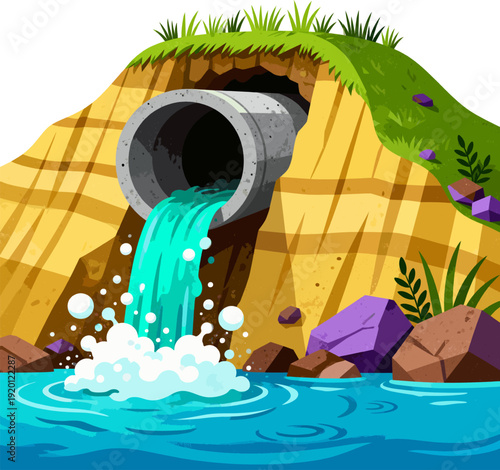 Water Draining from Large Pipe on Dirt Cliff into River – Colorful Cartoon Vector Illustration of Drainage and Water Pollution Concept