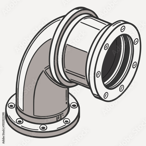 Isometric line art illustration of a 90-degree pipe elbow with flanges, industrial plumbing and fluid systems component.