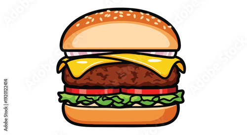 Classic cartoon cheeseburger illustration with sesame bun juicy patty melted cheese crisp lettuce ripe tomato and purple onion slices on clean white