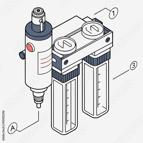 Line art illustration of a three-part industrial air preparation unit with numbered labels and part indicators.