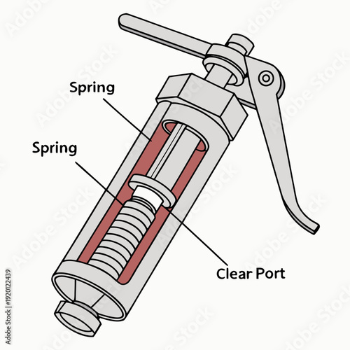 Cutaway illustration of a grease gun with internal springs and a clear port, used for lubrication.