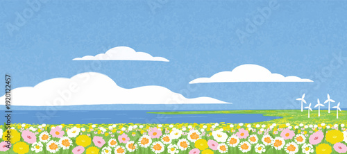 Spring and Summer landscape background vector set. Nature wallpaper of flower field with blue sky and sea  illustration for cover, wall art, decoration.
