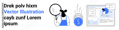 Business solutions, financial services, economic analysis, data management, market trends, research. Character analyzing data with charts and icons. Business solutions and financial services concept