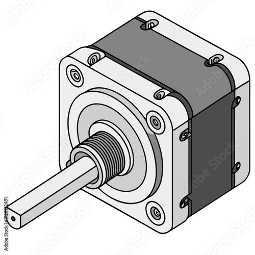 Isometric view of a stepper motor with a threaded shaft, showcasing its compact cubic design and precision engineering.