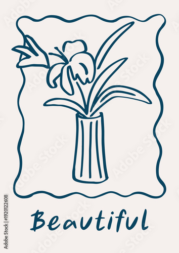 Flower vase, doodle scribble card design. Floral bouquet, bunch, Dolce vita s...