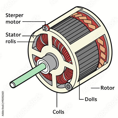 Detailed illustration of a stepper motor's internal components, showing rotor, stator coils, and housing.