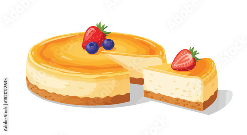 Delicious creamy baked cheesecake with a golden glaze garnished with fresh red strawberries and vibrant blue blueberries a sweet dessert