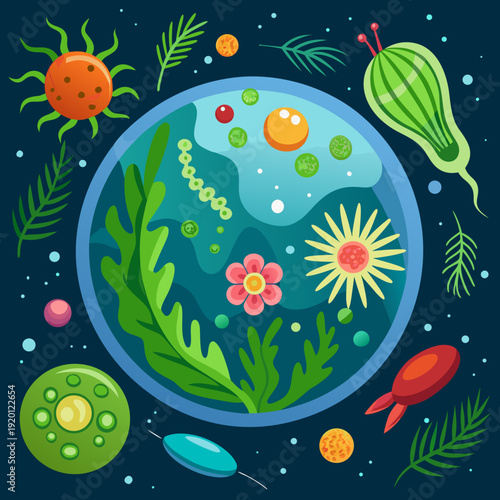 Diverse Plankton and Marine Life in a Colorful Microscopic World