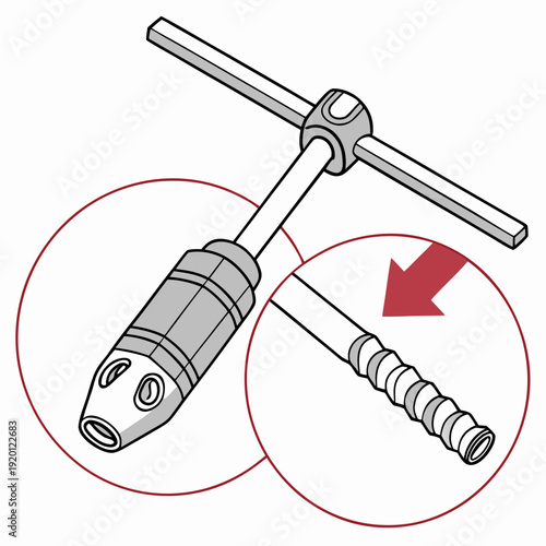 T-handle tap wrench with magnified view of the chuck and threaded tap, used for threading and metalworking.