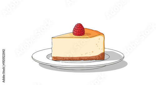 Minimalist illustration of a creamy cheesecake slice with a golden crust and a single red raspberry. Presented on a clean white plate, highlighting