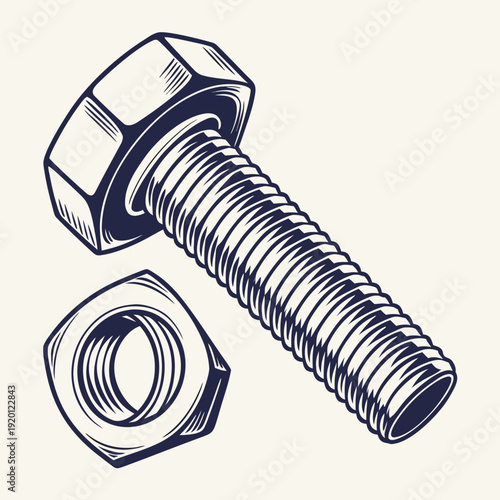 Detailed illustration of a hex bolt and nut with hatched shading, symbolizing construction, engineering, and fastening.