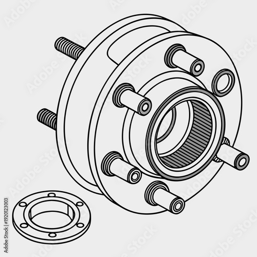 Detailed isometric illustration of a car wheel hub assembly, showing bearing, studs, and flange for automotive mechanical engineering and repair.