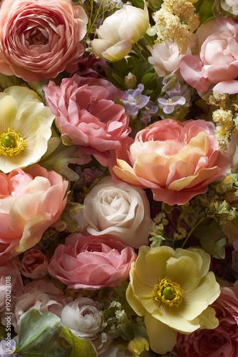 Mixed spring flowers in pastel colors creating a lush floral bouquet texture for celebratory occasions