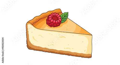 Vivid illustration of a creamy cheesecake slice, perfectly garnished with a plump red raspberry and a fresh mint leaf, showcasing a delightful
