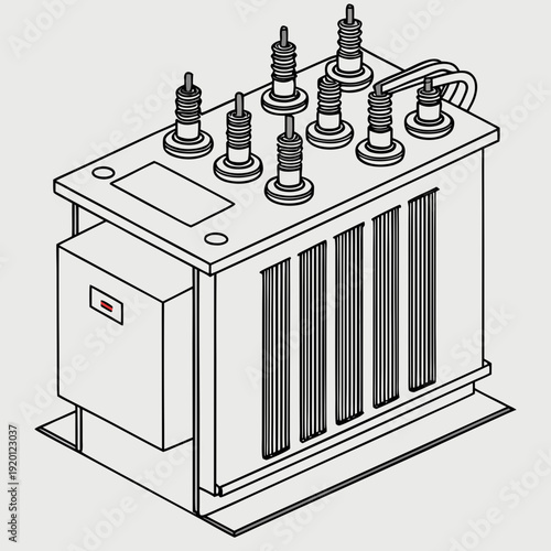 Isometric illustration of a large electrical power transformer with multiple insulators and a control panel, essential for energy distribution networks.