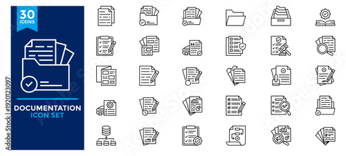 A collection of documentation icons. Contains icons for documents, files, folders, notes, reports, documents, forms, repositories, and note-taking. Simple line vector illustrations.