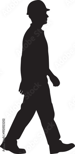 Silhouette illustration of construction worker walking wearing hard hat side view industrial design