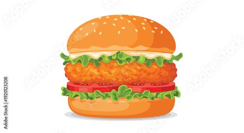 A vibrant depiction of a crispy chicken burger featuring fresh produce and creamy sauce