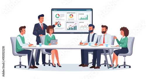 Business Meeting Presentation with Diverse Team Analyzing Data.