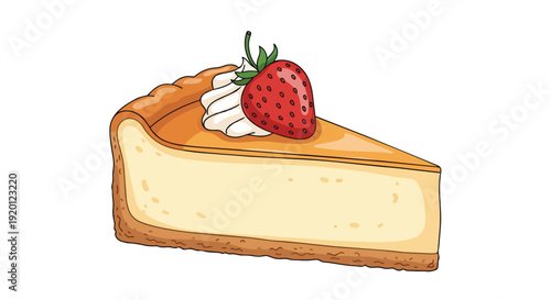 Deliciously creamy slice of baked cheesecake topped with a vibrant red strawberry and fresh white whipped cream a delectable dessert delight for any