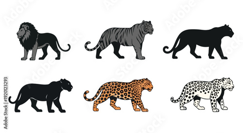 A digital illustration of various wild carnivorous animals, including a lion, tiger, leopard, and black panther, walking in different poses against a clean white background with a neutral