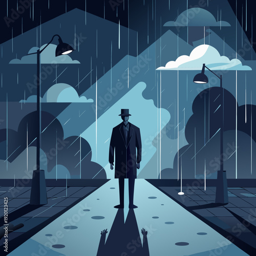 Lone figure in a trench coat and hat in heavy rain
