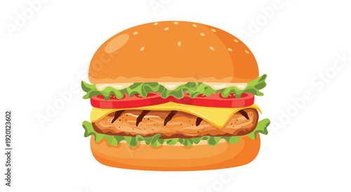 Vibrant grilled chicken burger illustration with fresh vegetables and cheese on a sesame bun