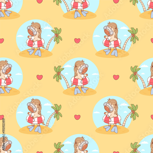 Seamless pattern Summer Horse in Swimming Diving mask and Fins with inflatable swim ring on Sandy on yellow background. Funny Animal Pony Kawaii Beachgoer character. Vector illustration 