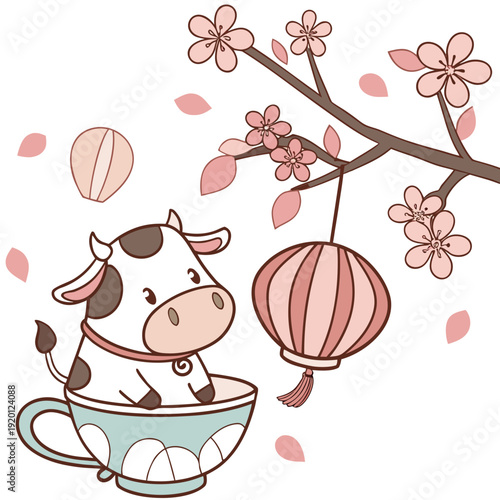 Bashful expression on a Cow in a Cherry Blossom Festival theme, with in a teacup – Sakura Breeze vector art