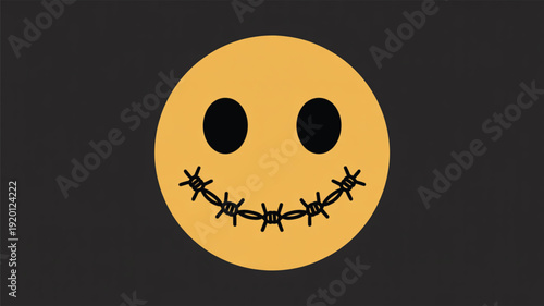 Yellow smiley face with barbed wire mouth on black background