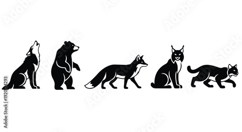 Silhouette illustration of wild carnivorous animals including a dog, bear, wolf, and cat in various poses against a clean white background.