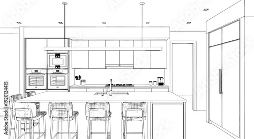 Architectural line drawing of a modern luxury kitchen with double wall ovens island and bar stools