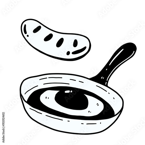Cute Fried Egg and Sausage in Pan Cartoon Vector Illustration on White Background