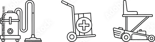 Cleaning equipment and hospital transport line icon set editable stroke vector illustration isolated on white background